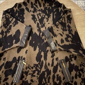 Joseph Ribkoff Army Green and Black Patterned Top with Leather accents